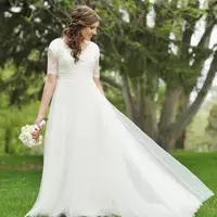 A-Line Lace Tulle Beach Modest Wedding Dresses Short Sleeves Cheap Simple Summer Garden Informal Reception Bridal Gowns Mature Bride - Thumbnail 1