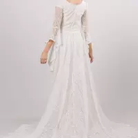 Vintage Lace Modest Wedding Dresses With Long Sleeves V Neck Simple A-line Boho Bridal Gowns Covered Buttons Temple Bridal Gowns Custom - Thumbnail 1