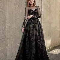 Vintage Black Gothic Wedding Dresses  Long Sleeves Lace Sheer Illusion Sleeves A-line Non White Vintage Bridal Gowns With Color - Thumbnail 1