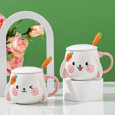 Cute Rabbit Ceramic Mug With Lid And Spoon