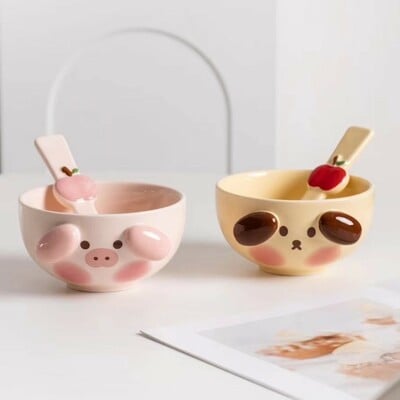 Cute Cartoon Animal Ceramic Bowl and Spoon Set