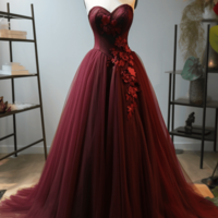 Wine Red Tulle Sweetheart Long Formal Dres, Wine Red Evening Dress KPP1689 - Thumbnail 1