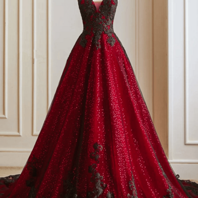 Black and red v neckline tulle long formal dress, black and red party dress kpp1690
