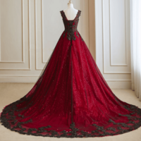 Black and Red V neckline Tulle Long Formal Dress, Black and Red Party Dress KPP1690 - Thumbnail 2
