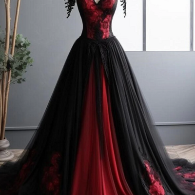 Black and red tulle long prom dress, black and red formal gown kpp1691