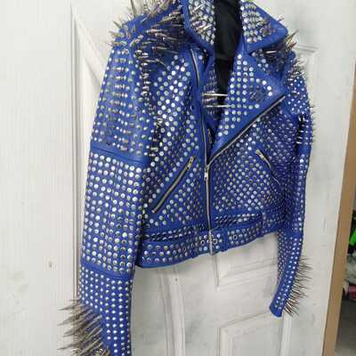 Crafted leather handmade men's awesome blue punk silver spiked studded leather brando style jacket - Thumbnail 3