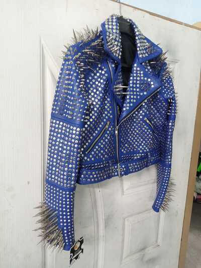 Crafted Leather Handmade Men's Awesome Blue Punk Silver Spiked Studded Leather Brando Style Jacket