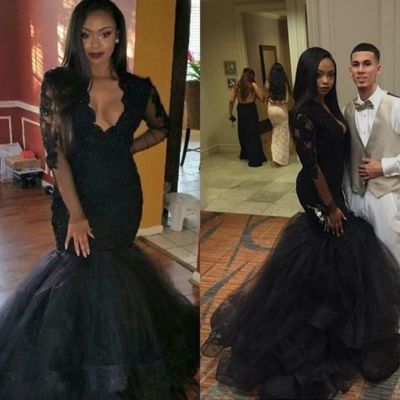 Mermaid long sleeves tulle black long prom dress
