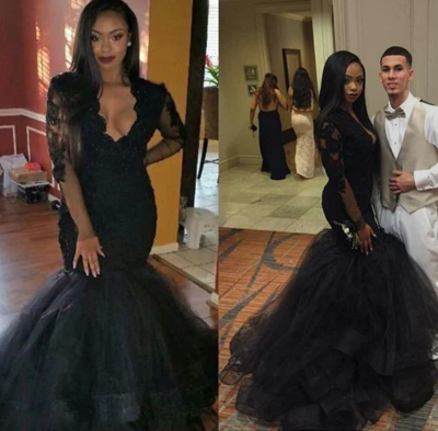 Mermaid Long Sleeves Tulle Black Long Prom Dress