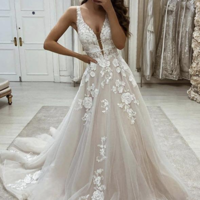 Stylish ivory a line v neck lace wedding dresses