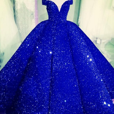 Off the shoulder royal blue sequin ball gown prom dresses  - Thumbnail 3