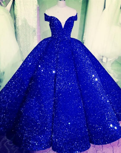 Off The Shoulder Royal Blue Sequin Ball Gown Prom Dresses 