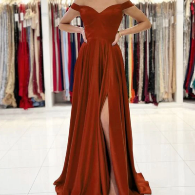 A line off shoulder red stain split prom dress - Thumbnail 3