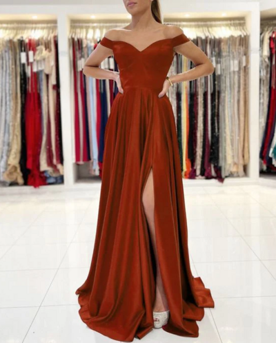 A Line Off Shoulder Red Stain Split Prom Dress