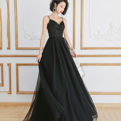 A line black long tulle prom dresses