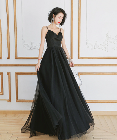 A Line Black Long Tulle Prom Dresses