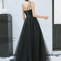 A Line Black Long Tulle Prom Dresses - Thumbnail 1
