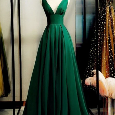 Floor length green satin v-neckline low back prom dress - Thumbnail 4
