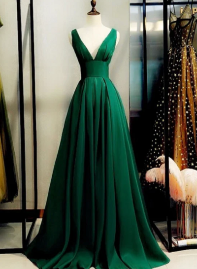 Floor Length Green Satin V-Neckline Low Back Prom Dress