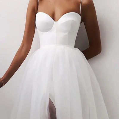 Spaghetti strap a line short evening dress - Thumbnail 4