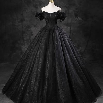 Black tulle floor length off the shoulder evening party dress - Thumbnail 2