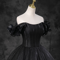 Black Tulle Floor Length Off the Shoulder Evening Party Dress - Thumbnail 2