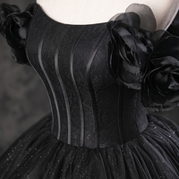 Black Tulle Floor Length Off the Shoulder Evening Party Dress - Thumbnail 1
