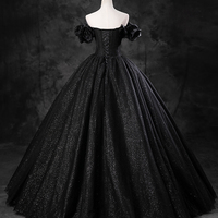 Black Tulle Floor Length Off the Shoulder Evening Party Dress - Thumbnail 4