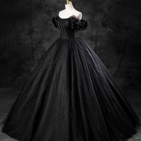Black Tulle Floor Length Off the Shoulder Evening Party Dress - Thumbnail 3