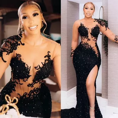 Plus size arabic aso ebi black mermaid sparkly prom dresses lace beaded sexy evening formal party second reception birthday engagement gowns dress 