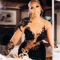 Plus Size Arabic Aso Ebi Black Mermaid Sparkly Prom Dresses Lace Beaded Sexy Evening Formal Party Second Reception Birthday Engagement Gowns Dress  - Thumbnail 2