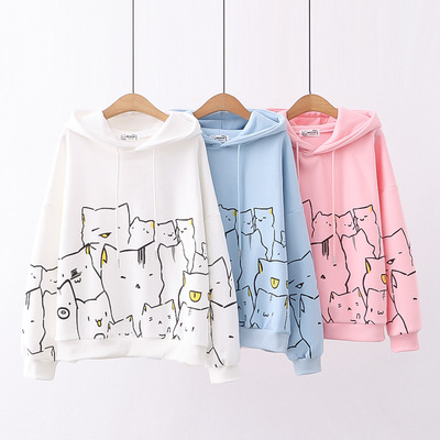New college style cartoon multi cat printed hoodie