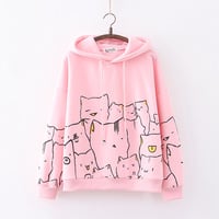 New college style cartoon multi cat printed hoodie - Thumbnail 1