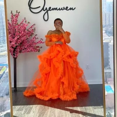 Orange tulle maternity dress off the shoulder ruffled photoshoot maternity robes front open or closed photography prom dresses party evening gowns