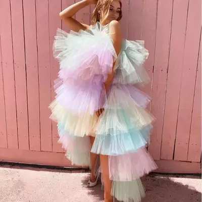 Mixed colours tutu tulle prom dresses cheap hi lo tiered cocktail party dress photoshoot vestidos maxi tulle skirt lush evening gowns