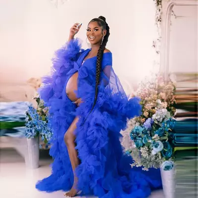 Royal Blue Ruffles Full Sleeve Prom Dresses Pregnant Party Formal Women robe de soiree Sheer Robe Shawel Maternity Photoshoot Gowns