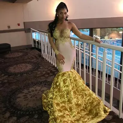 Gorgeous long sleeves evening dresses one shoulder gold lace appliques mermaid prom dress with flower bottom long party gowns african wear