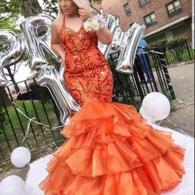 African halter prom dresses long sequins appliques ruffles mermaid evening gowns tiered ruffles plus size party dress