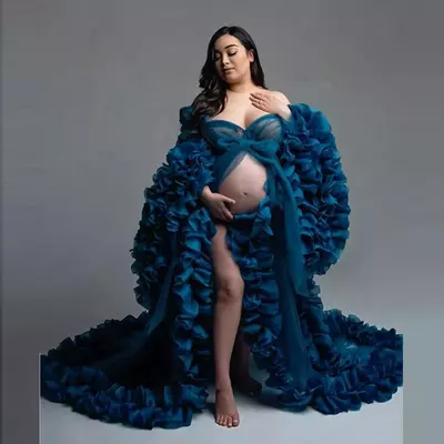 Organza maternity prom dresses tiered ruffles long sleeve party dress bridal jackets sleepwear pregnant women photoshoot gown