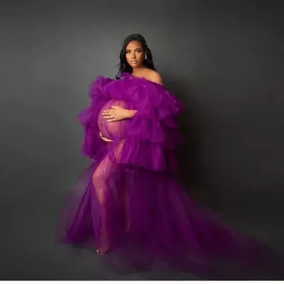 Purple see through women prom dress off shoulder tulle ruffles pregnant photo shoot evening dresses plus size party gown puffy sleeves