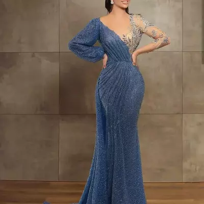 Glitter evening dresses sheer jewel neck beaded sequins long sleeve mermaid prom dress sweep train custom made illusion robes de soirée