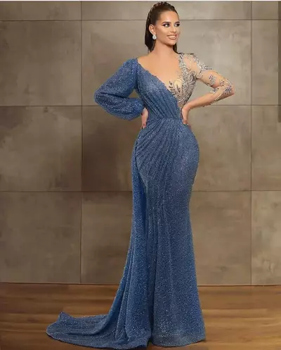 Glitter Evening Dresses Sheer Jewel Neck Beaded Sequins Long Sleeve Mermaid Prom Dress Sweep Train Custom Made Illusion Robes De Soirée
