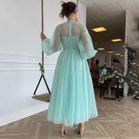 High SHeer Neck Long Sleeve Mint Green Tea Length Buttons Prom Dress A-Line Tulle Evening Gowns - Thumbnail 1
