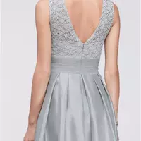 Lace and Satin Sleeveless Ball Gown with Pocket Full Pleated Satin Skirt Evening Dress WBM1118 Silver Prom Dress Party Dresses - Thumbnail 1