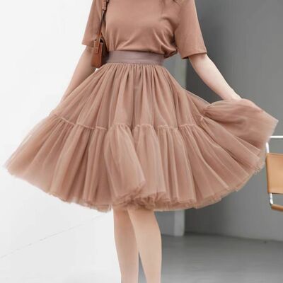 A-line brown knee length fluffy tulle skirt outfit women custom plus size layered tulle skirts - Thumbnail 1