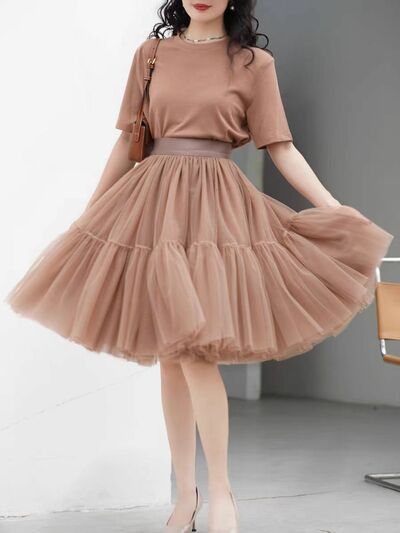 A-line Brown Knee Length Fluffy Tulle Skirt Outfit Women Custom Plus Size Layered Tulle Skirts