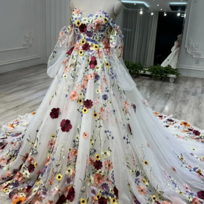 Glam fairy tulle sweetheart 3d floral flowers wedding dress, floral formal dress kpp1692
