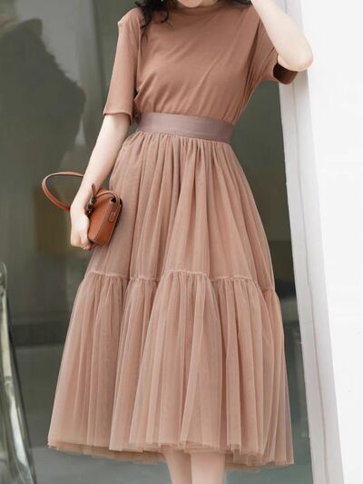 A-line Brown Fluffy Tulle Midi Skirt Holiday Outfit Women Custom Plus Size Layered Tulle Skirts