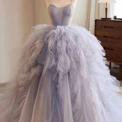 Blue tulle long prom gown, blue tulle long sweet 16 dress kpp1693