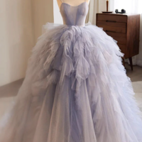 Blue Tulle Long Prom Gown, Blue Tulle Long Sweet 16 Dress KPP1693 - Thumbnail 2